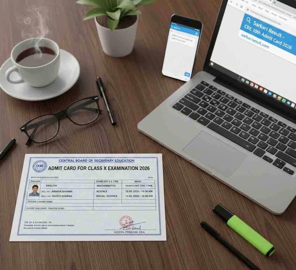 CBSE Class 10th Admit Card 2026 download process on a laptop with a sample hall ticket on a study desk.